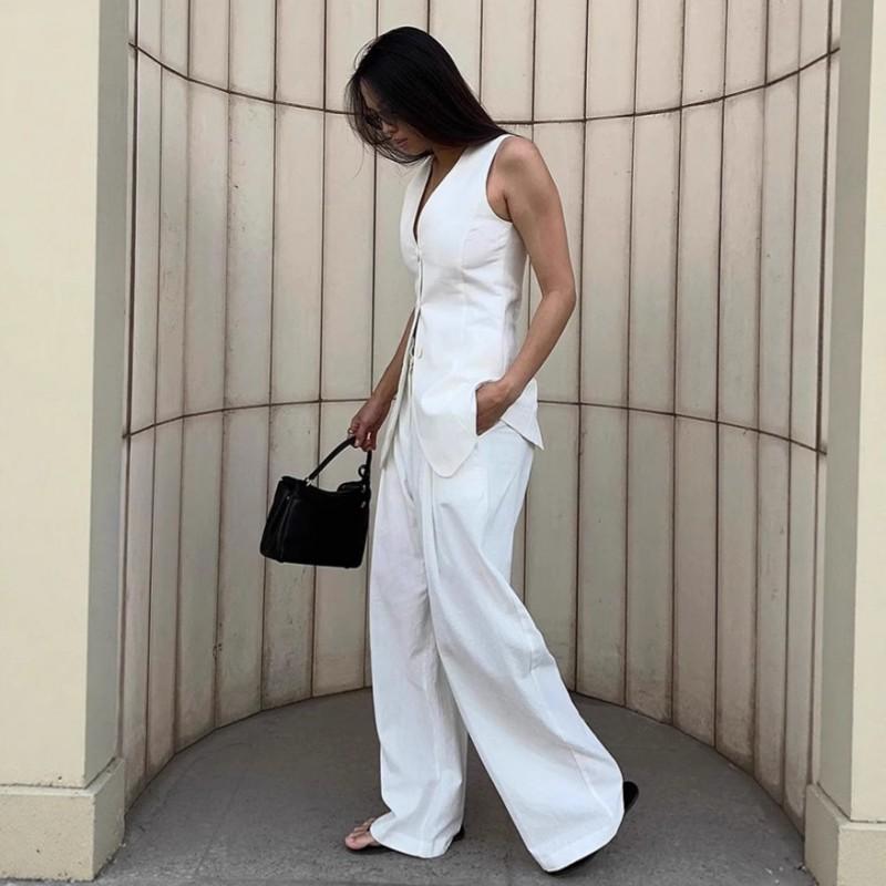 Womens V-Neck Sleeveless Vest Pants Set Cotton Linen Blend Office Workwear Solid Color Fashion Casual Two-Piece Outfit