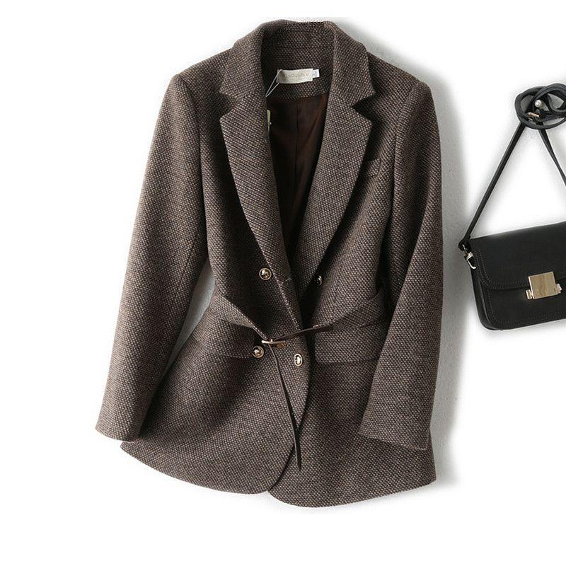 

European Station Thick Woolen Outwear Belt Waist-Tight Super Slimming Stylish Formal Suit Collar Women s Suit Fall and Winter Khaki 4XL