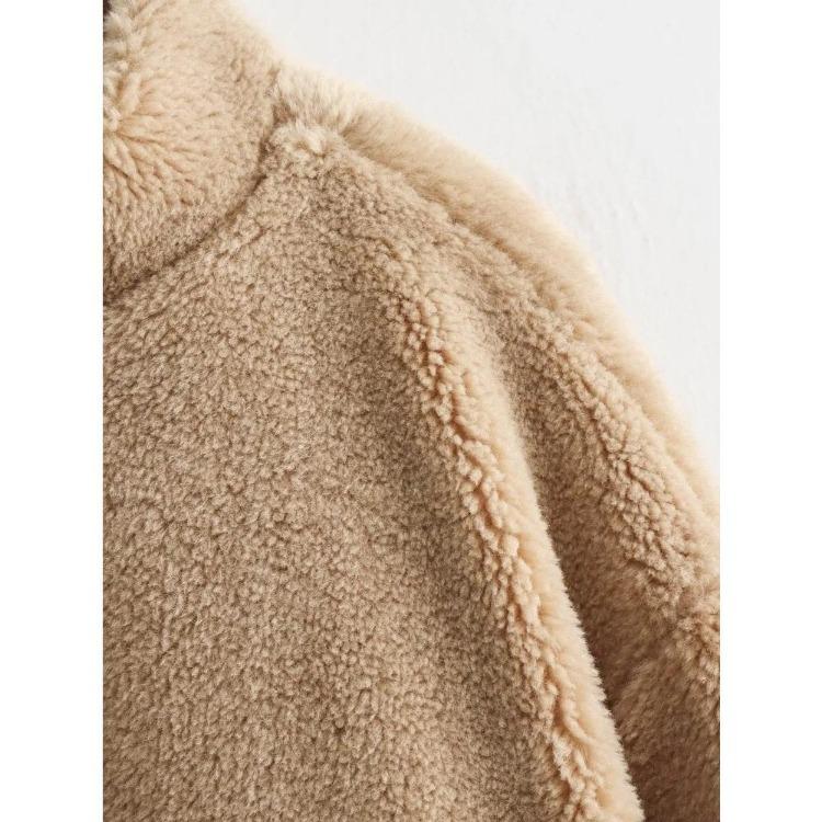 Warm Plush Fleece Bomber Jacket for Women Winter Autumn Stand Collar Coat Long Sleeve with Pockets New Outerwear