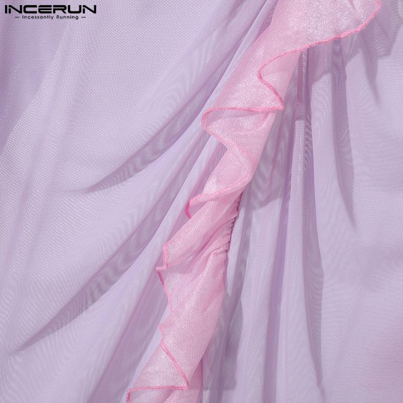INCERUN Men Long Sleeve Ruffled Hem See Through Tops Party Mesh Shirts
