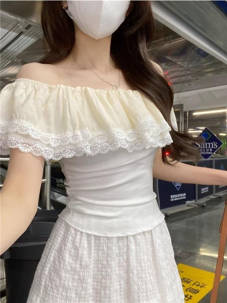 2025 New Style One-shoulder Lace Panel Short Sleeve T-shirt Women Summer Fit Design Off Shoulder Elegant Clothing