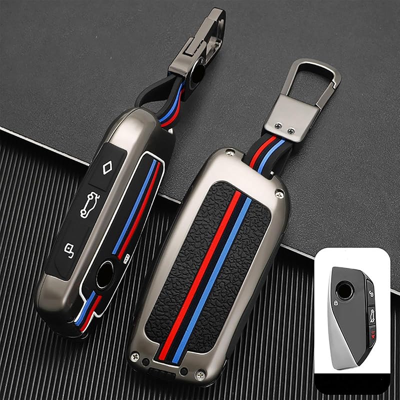 OLLEN Heavy Zinc Alloy Key Fob Cover, Fit For BMW -2025~Up New 5/7 Series 740I 760I X1 X2 X3 X5 X6 X7 XM IX IX3 I5 I7 Etc, Full Protection Remote Fob Gunmetal+Silicone