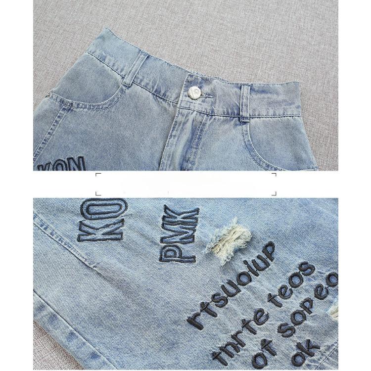 Summer Women's High Waist Wide Leg Ripped Shorts Straight-Cut Four-fifths Denim Pants