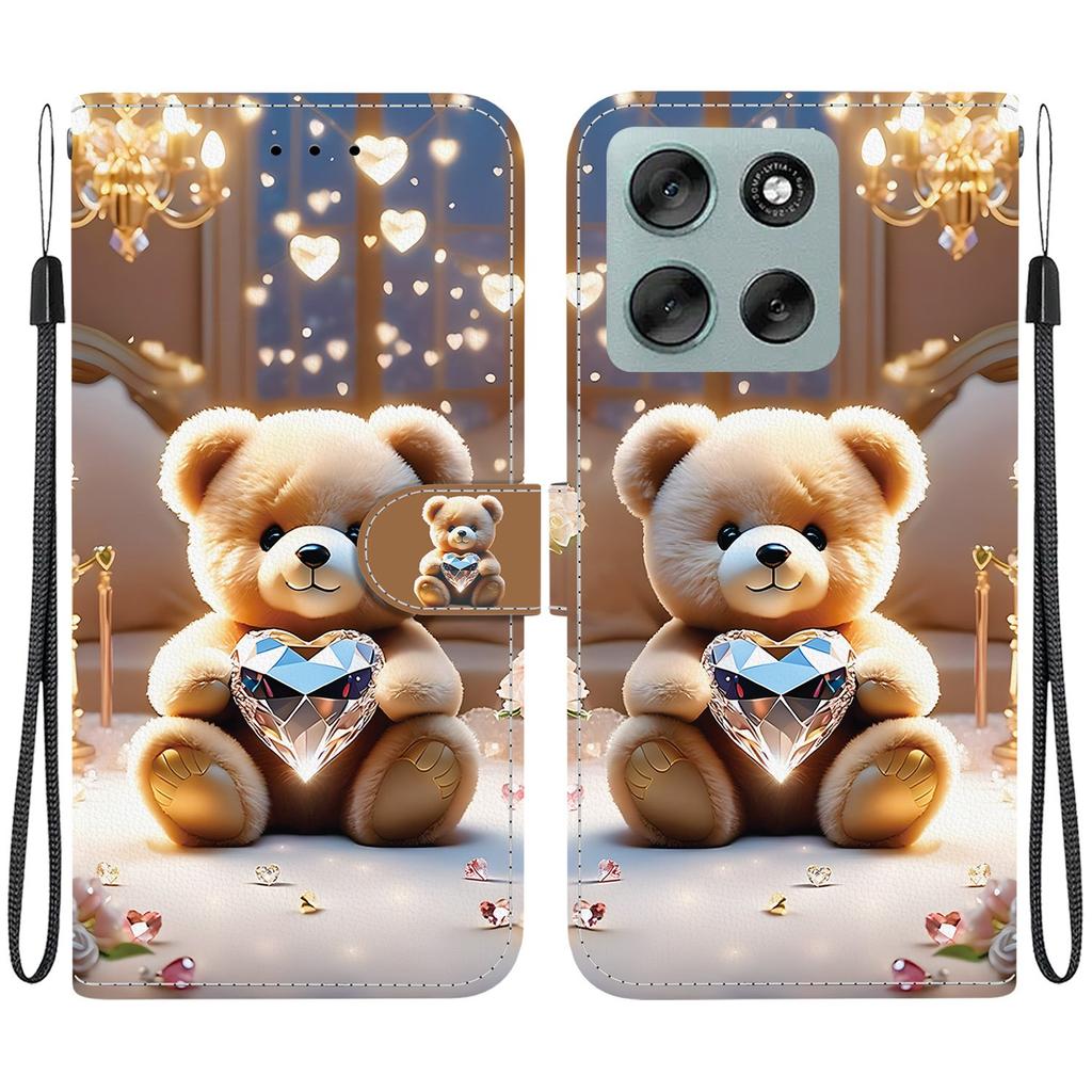 Handmade PU Leather Flip Case for Motorola Moto G56 Anti-Slip Shockproof Cover with Wrist Strap & Heart/Rose Cat Designs