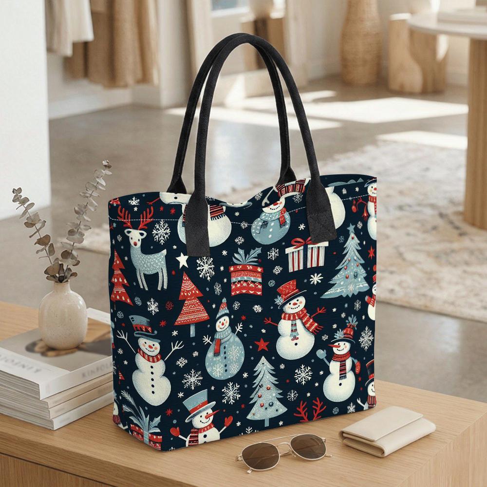  Christmas Snowman Print Tote Bag Portable Large Capacity Casual Shopping Handbag for Daily Use