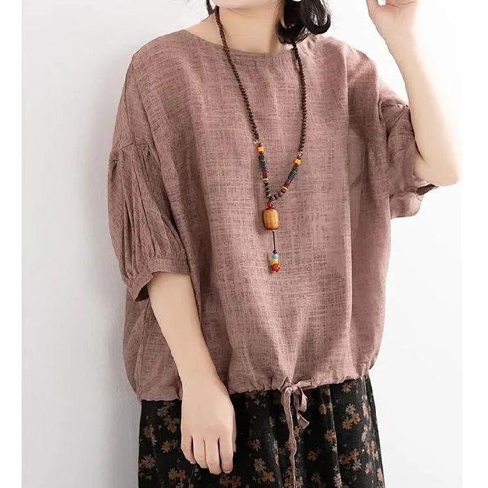 Women's Plus Size Batwing Sleeve Drawstring Hem T-shirt - Casual Round Neck Mid Sleeve, Summer 2024