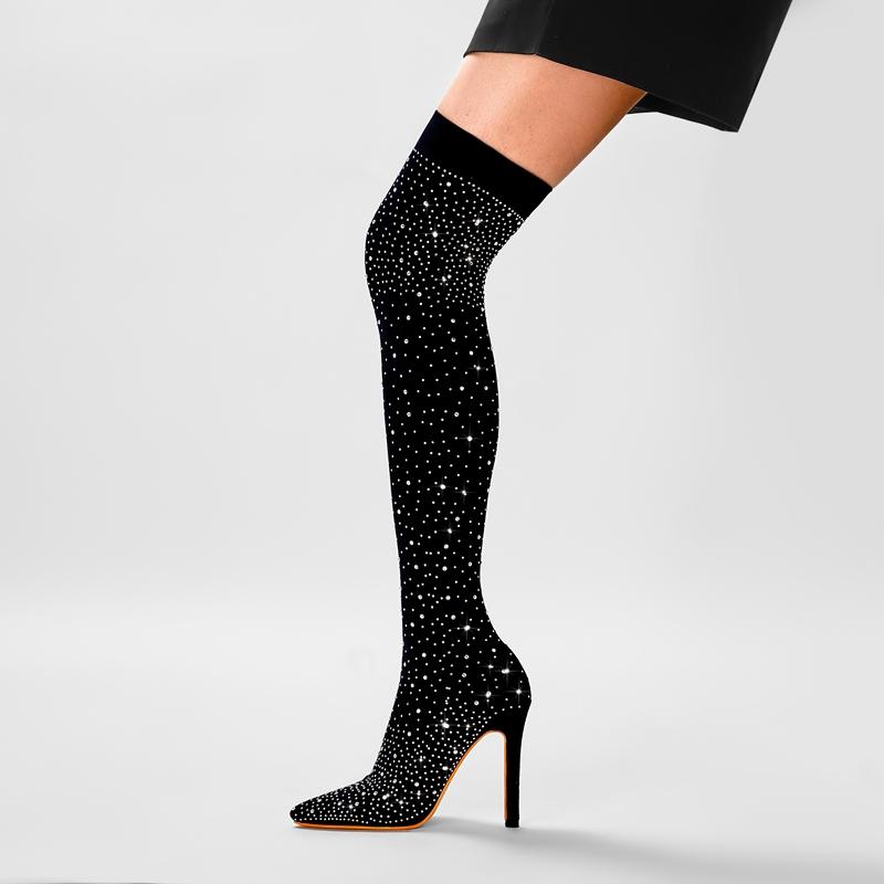 Fashion Women's New Spring and Autumn Pointed Rhinestone High Heel, Large Size Over Knee High Barrel Boots, Elastic Boots