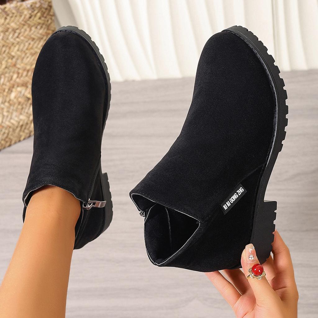 Large Size Women's Boots Autumn and Winter Suede and Bare Boots Side Zipper Square Heel Medium Heel Short Boots