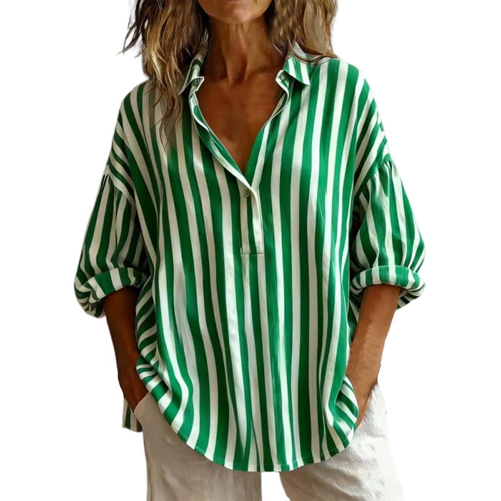 Women's Fashionable Casual Long-sleeved Striped Loose-fitting Pullover Shirt