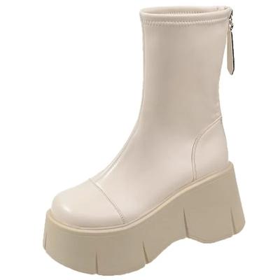 Fashion Punk Chunky Platform Motorcycle Boots Women Thick Bottom Non Slip Combat Booties Woman Black White PU Leather Ankle Botas Mujer