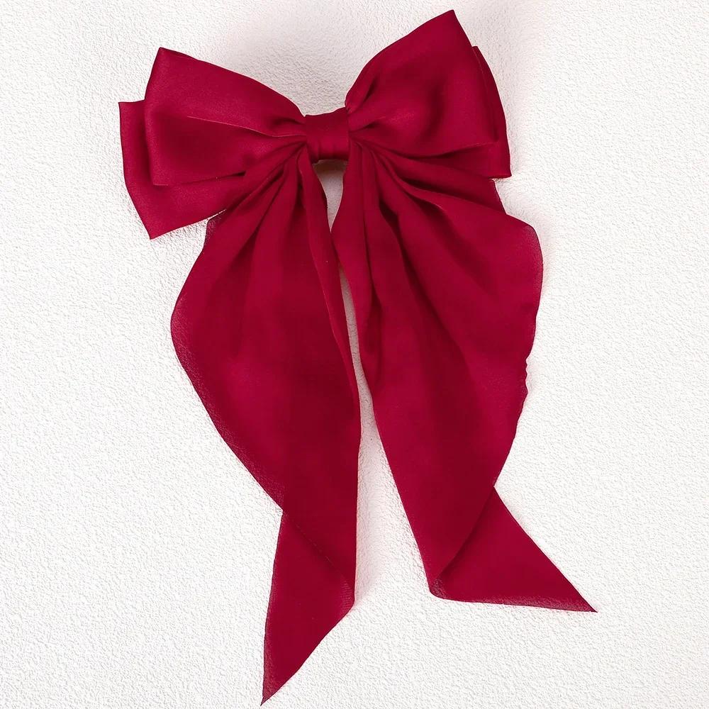 3Styles Girls Long Big Bow Float Satin Clips Back Head Hair Clip Wine Red with The Same Temperament Elegant Hair Accessories