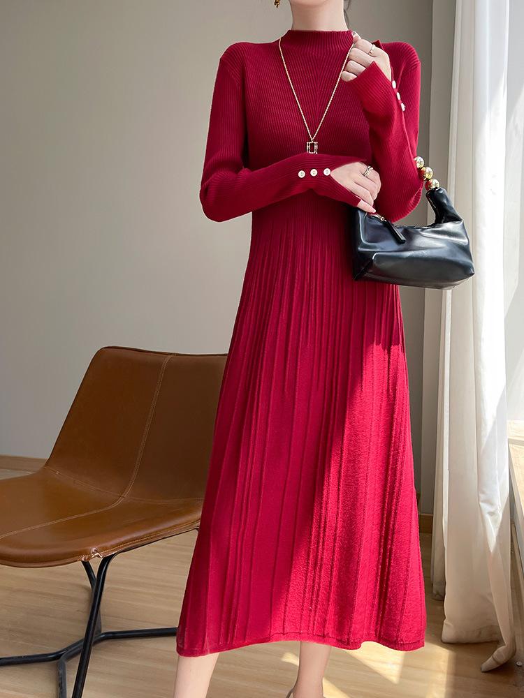 Semi-turtleneck Solid Color Sweater Skirt Autumn and Winter Temperament Versatile Long Dress Slim and Thin a Word Knitted Bottoming Dress Women