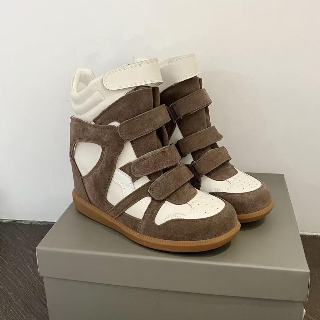 Chaussures montantes blanches en cuir véritable avec rehausse intérieure de 7 cm pour femmes Automne Nouvelles Chaussures de sport décontractées à velcro