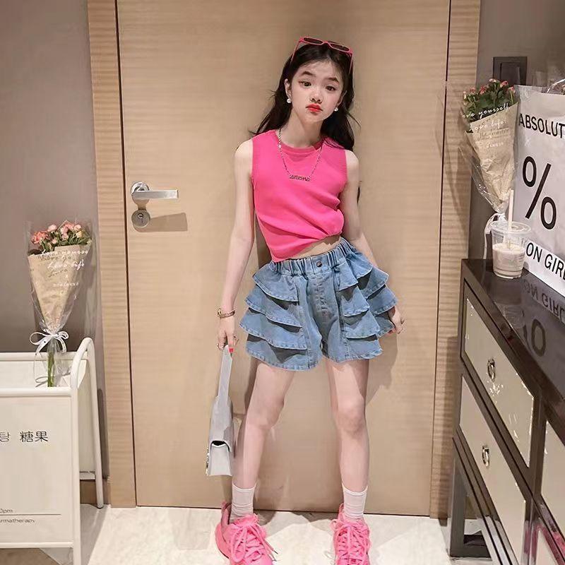 Girls' Summer Set Korean Sleeveless Vest Solid Color Sweet and Trendy Pleated Skirt Pants Stylish and Trendy