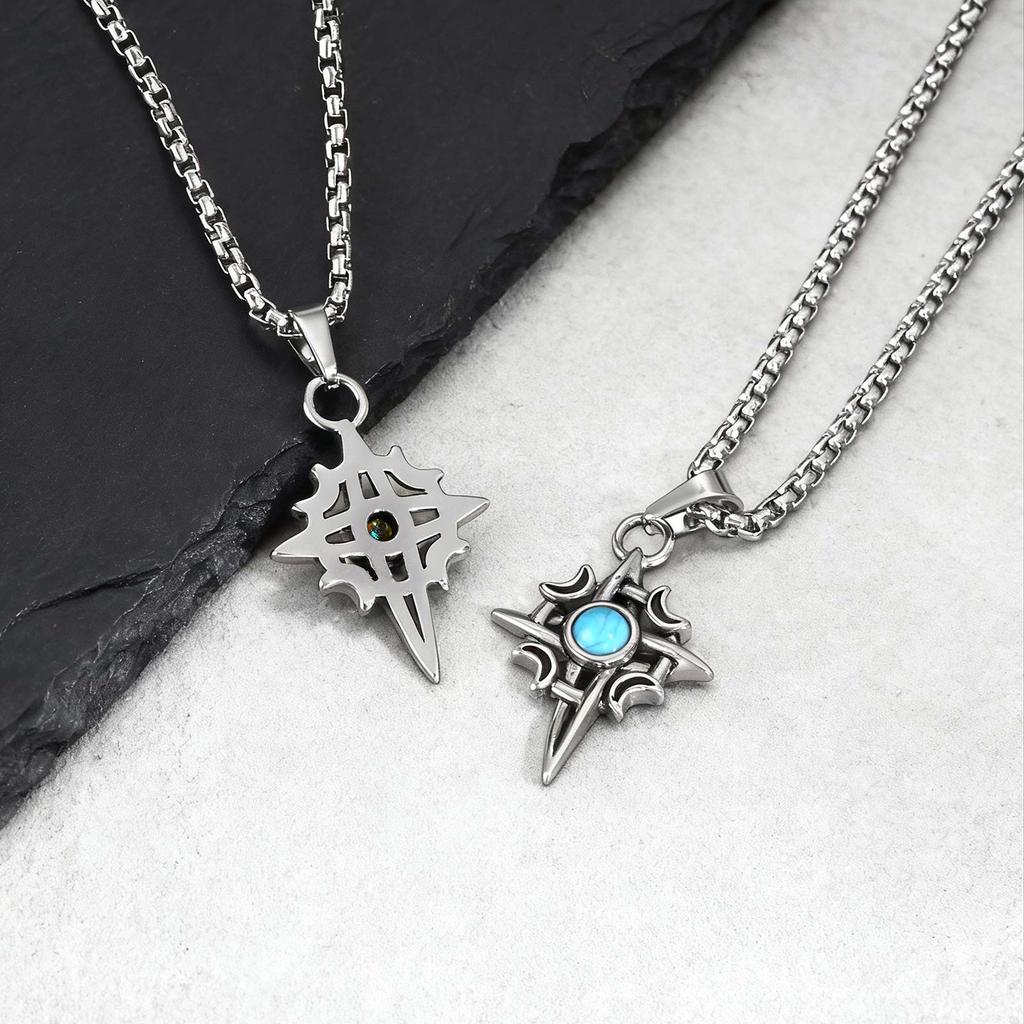 Stainless Steel Pendant Necklace For Men And Women, Punk Rock Street Style, Pretty Unique Turquoise Inlay Necklace