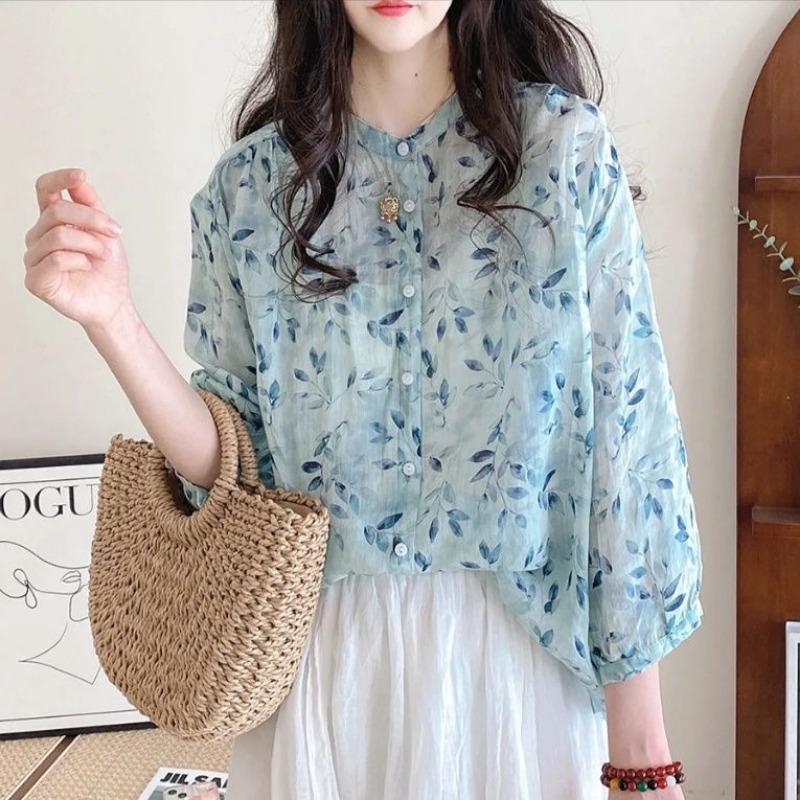 Women Watercolor Leaf Print Stand Collar Three Quarter Sleeve Button Down Blouse S синий