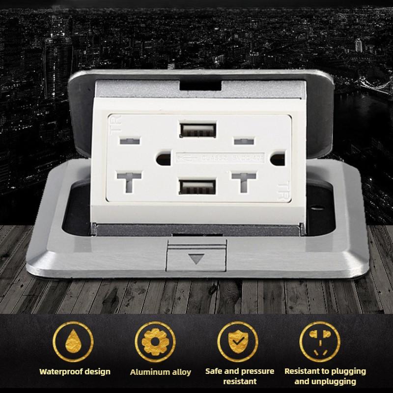 20A Pop-Up Hidden Ground Socket USB Charging Socket Aluminum Alloy Waterproof Floor Socket