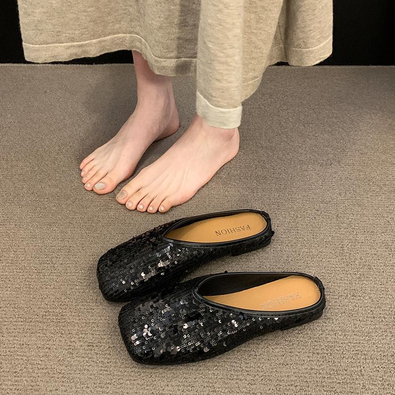 Woman Mules Slippers Flat Silver Sandals Sequins Shoes for Women Pvc Korea Style Low Price Chic and Elegant Casual 40 New Slides