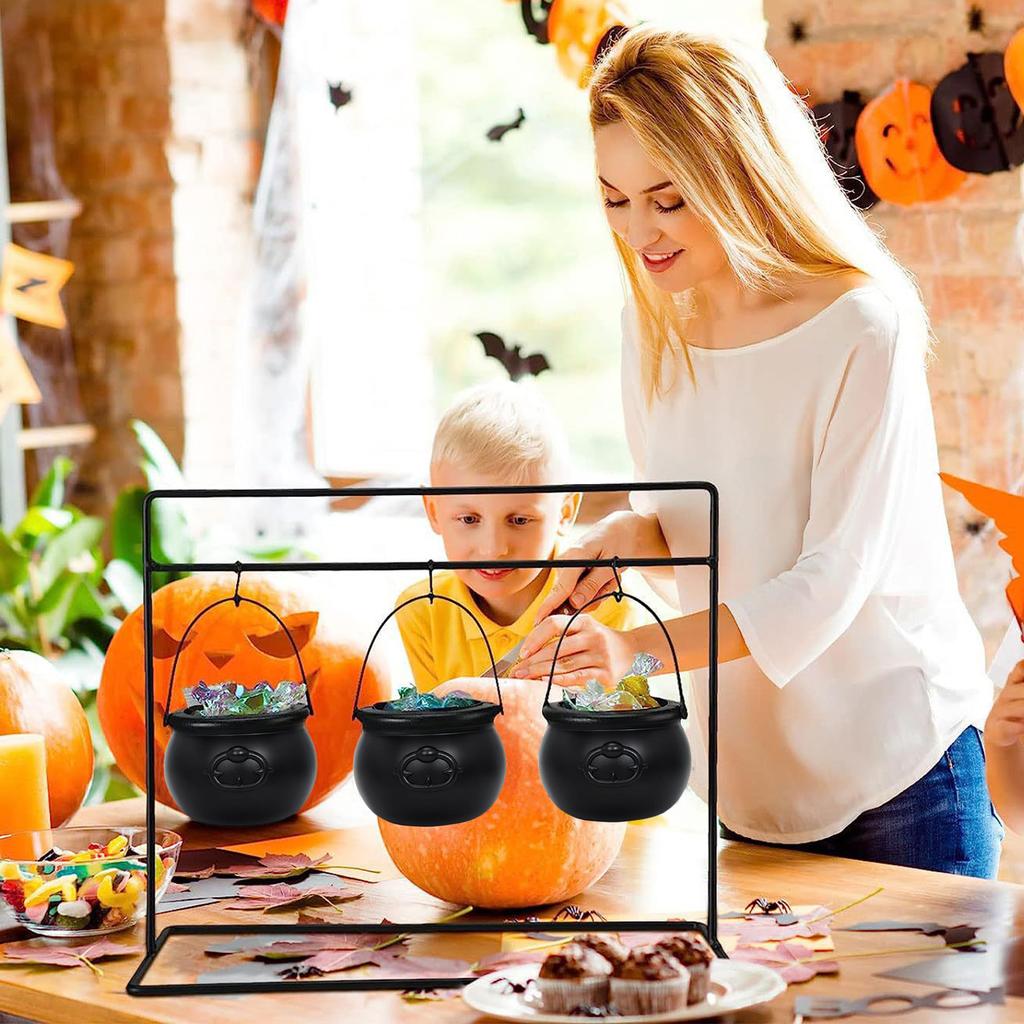 Halloween Candy Bowl Decorations  Black Plastic Cauldron Bowls with Iron Rack, Halloween Party Decorations Candy Bucket