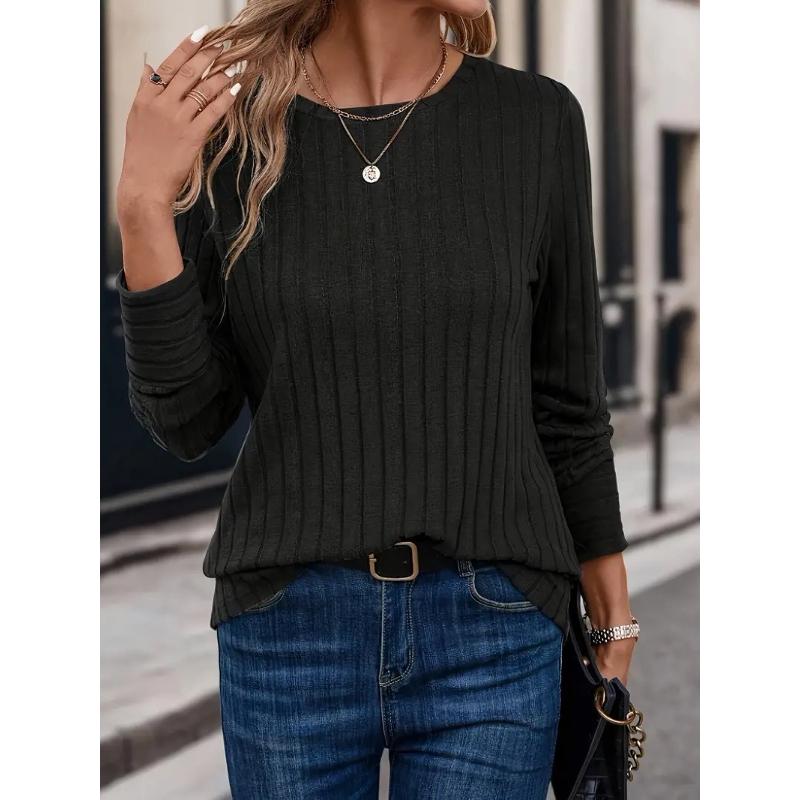 Solid Color Round Neck Ribbed T-shirt Spring and Autumn Casual Long-sleeved Top Women s XS чёрный