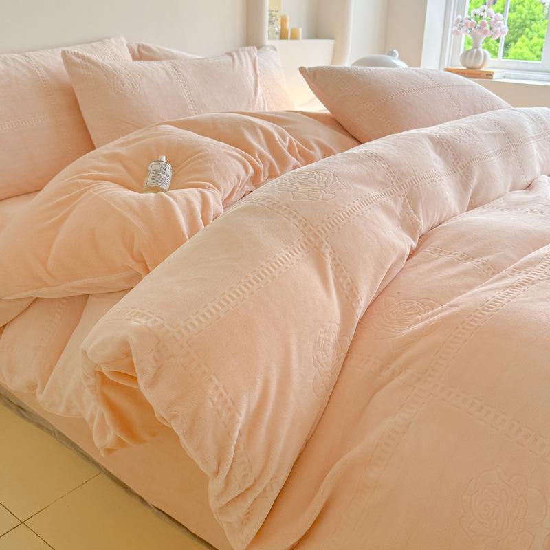 Milk Fleece Four-piece Set, Thickened Carved Fleece, Bed Sheet Quilt Cover, Bed Three-piece Set