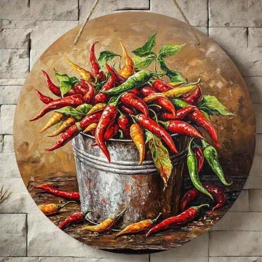 Red Round Chili Pepper Tin Sign, Metal Poster for Kitchen Wall Decor