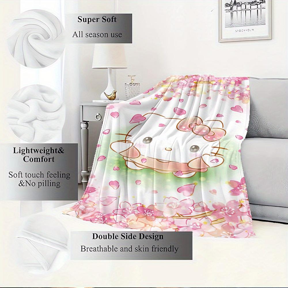 1pc Kitty, Pink, FlowersDigital Print Fleece Blanket - Contemporary Style, Suitable for All Seasons, Perfect for Home, Travel, or Camping -