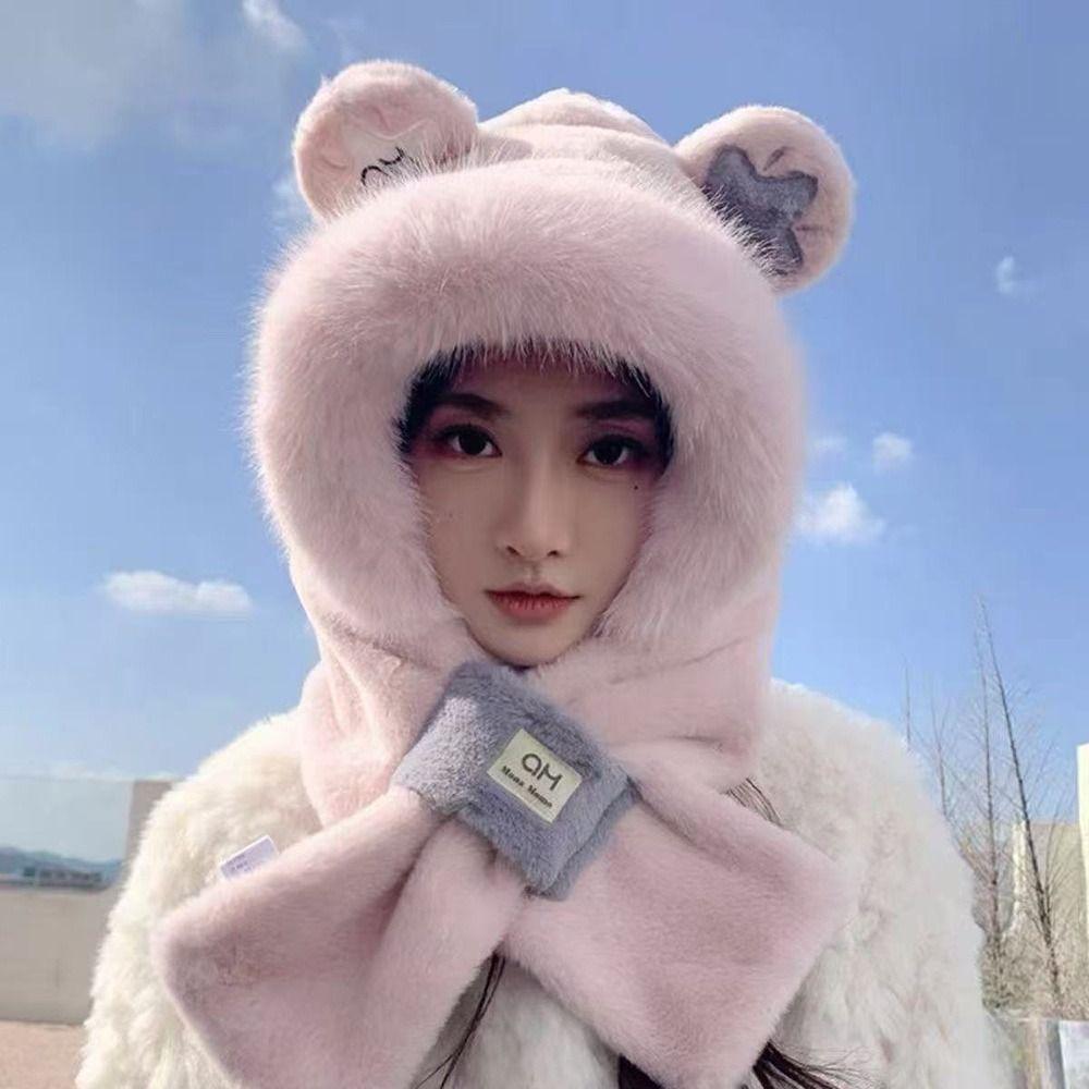 Windproof Integrated Cap Scarf Warm Neck Warmer Cute Ear Protection Cap  Outdoor