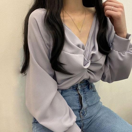 Women Shirt V-Neck Lantern Long Sleeve Pullover Tops Solid Color Knotted Design Regular Fit Tops