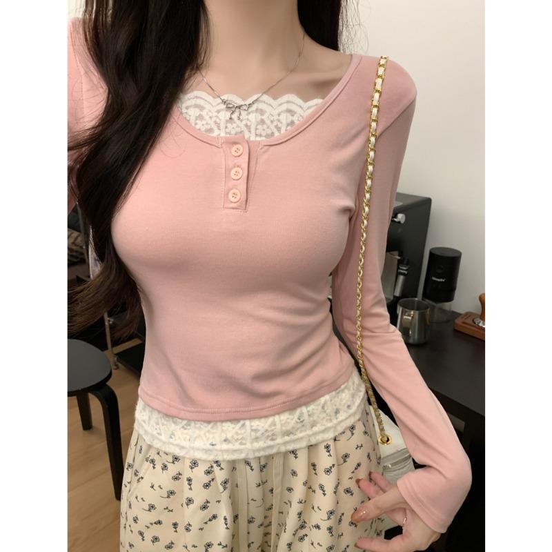 Real shot lace long-sleeved T-shirt slim fit Spice girl short fake two-piece top