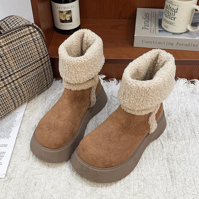 Women's Thick-soled Mid-calf Two-wear Winter Warm Fur an Inner Lining Plush Snow Boots Non-slip Wear Casual Sports Martin Cotton Boots