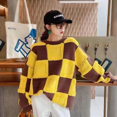 Checkerboard Plaid Stitching O-Neck Long Sleeves Pullover Sweaters Women Autumn Winter Thick Warm Y2k Knitted Harajuku Sweaters