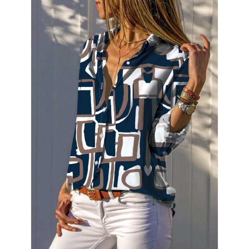 Trendy Casual Geometric Print Chiffon Shirt Regular Long Sleeve Lapel Irregular Geometric Print Shirt Fashionable Versatile Holiday Style Shirt