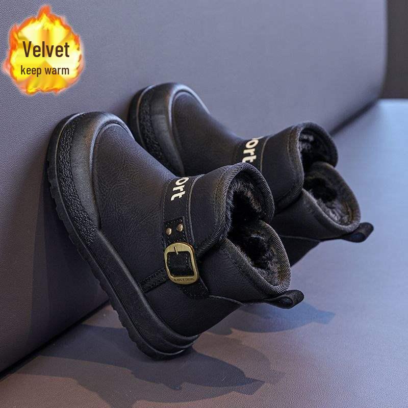 Boys' Waterproof Leather Snow Boots with Fleece – All-Season Warm Cotton Footwear