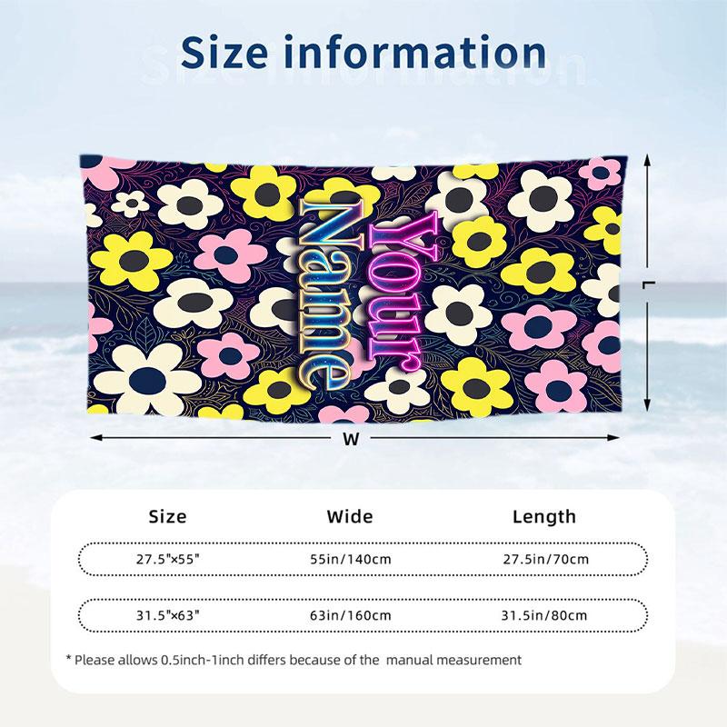 Floral 3 Theme Quick Dry Beach Towel Custom Name Text Print Large Sand Resistant Towel Beach Vacation