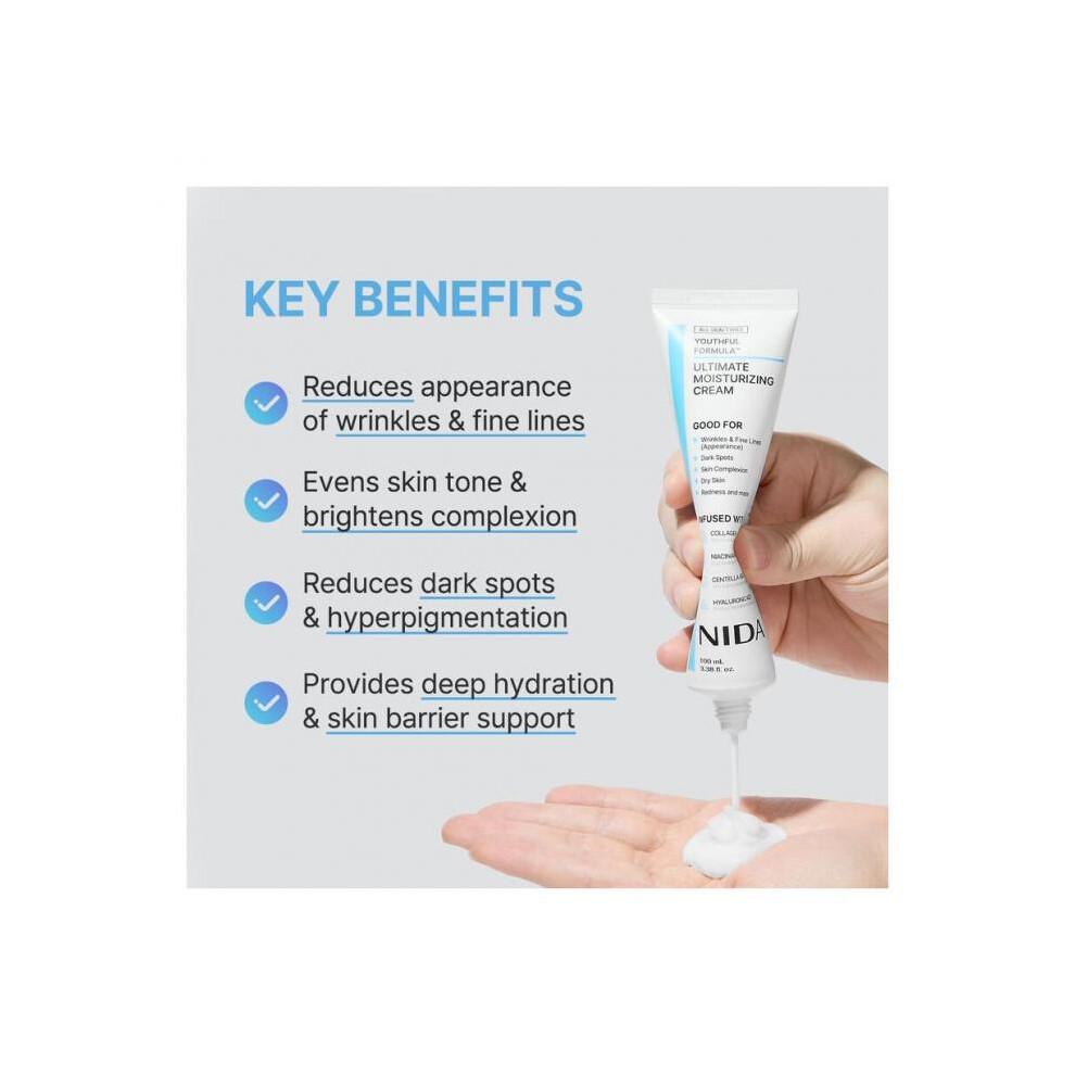 NIDA Youthful Formula Ultimate Moisturizing Cream (100mL) / Collagen, Niacinamide, Centella Asiatica, Hyaluronic Acid / Wrinkles, Dark Spots, Skincare
