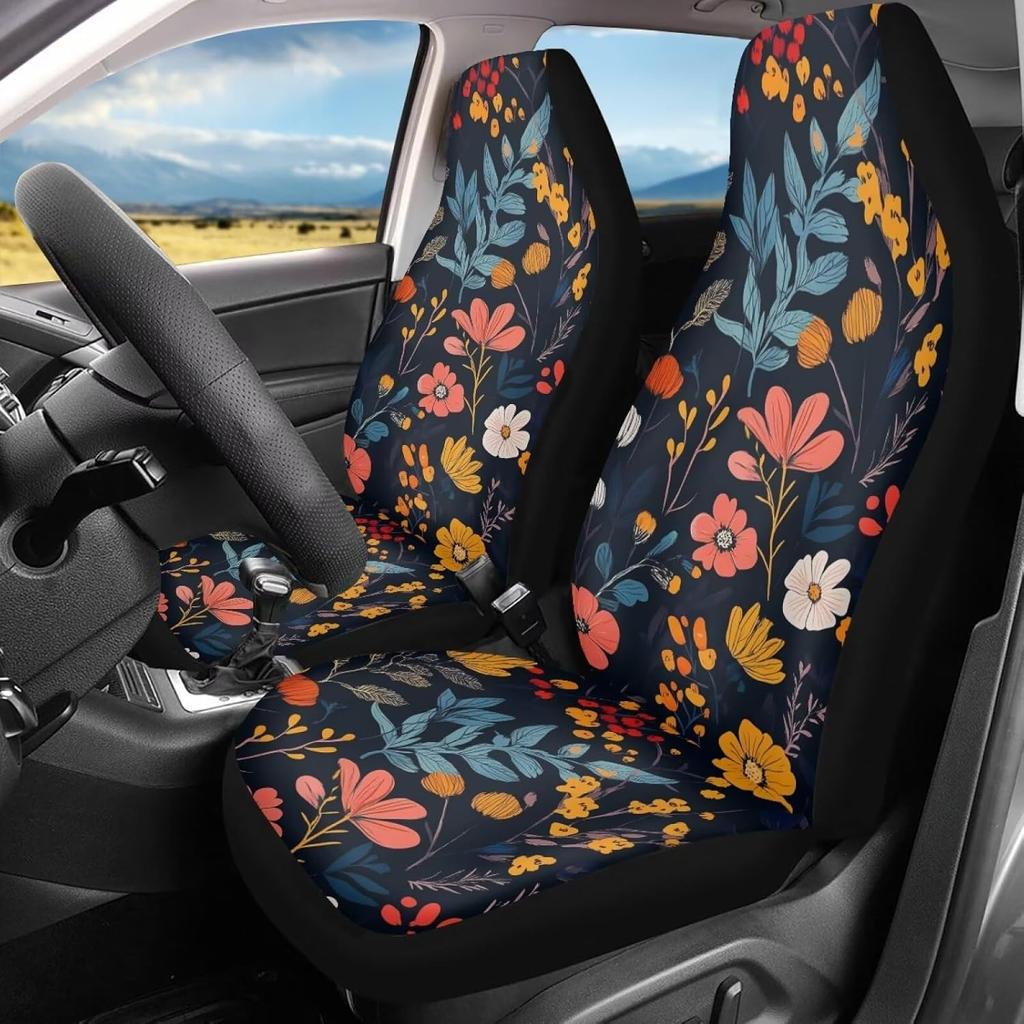 Bulopur Black Boho Floral Car Seat Covers Front Seats Only for Women Men Seat Covers w/Organizer Pocket for Cars SUV Truck Sedan