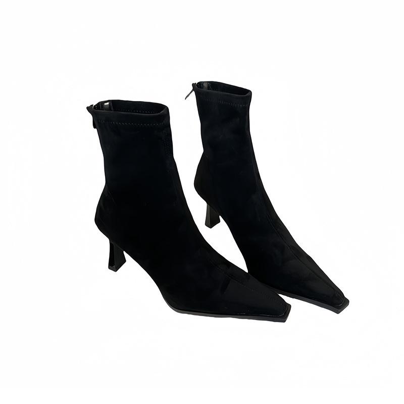 2025 Autumn and Winter New Pointed Thin Heel Sexy Short Boots Women's Black Suede High Heel Rear Zipper Elastic Thin Boots Women
