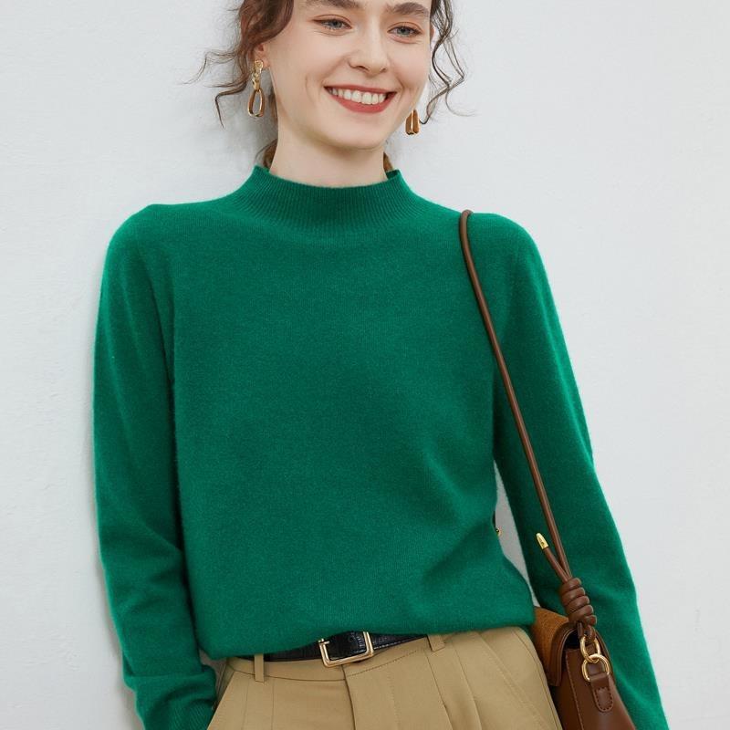 First-line Ready-to-wear% Wool Sweater Women's Semi-turtleneck Autumn and Winter Solid Color Loose Pullover Knitted Bottoming Sweater