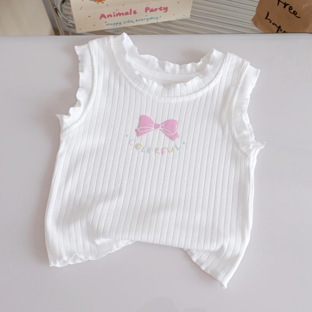 Girls Summer Cartoon Lace Bow Sleeveless T Shirt Candy Stylish Outer Wear Top For Kids