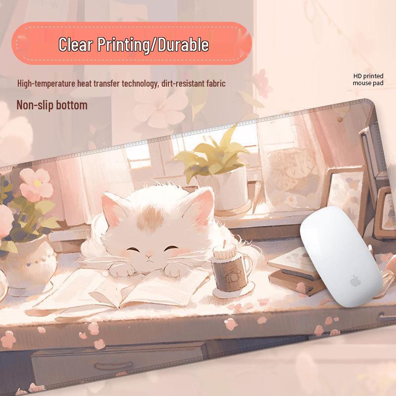 Extra Large Cute Cat Cartoon Mouse Pad with Stitched Edges - Aesthetic Desk Mat for Girls