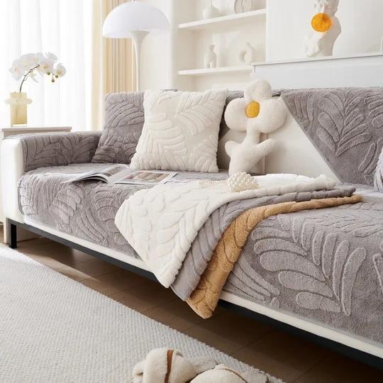 Leaf Jacquard Sofa Mat Thicken Plush L Shape Sofas Cover Living Room Non-Slip Dustproof Solid Color Couch Cover Home Decorate