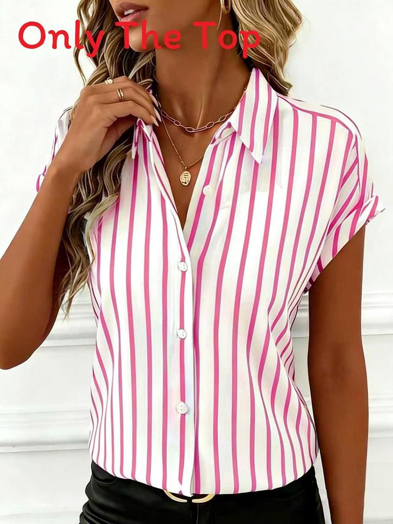 Striped Blouse For Women With Polyester Fabric Short Sleeve Office Style For Spring 2026