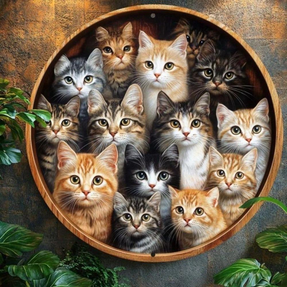 Vintage Round Metal Cat Wall Art, Flat Steel Sign Decor for Kitchen Living Room Office