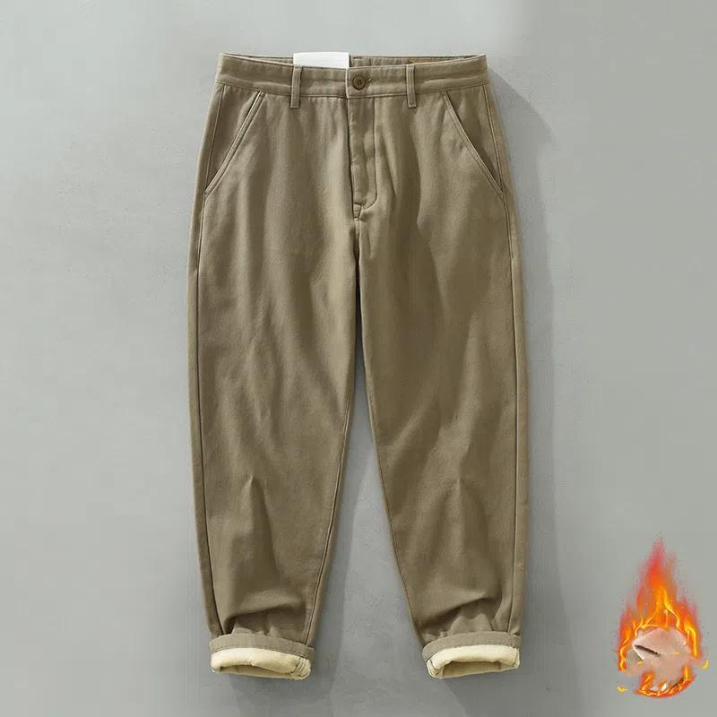Winter Warm Pants Japanese Style Men's Pants Daily Casual Fleece Pants Straight Gray Pants Simple Thicken Men Trousers