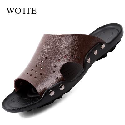 WOTTE Summer Men Slippers Beach Leather Slippers Outdoor Walking Footwear Men Flats Shoes Hombre Sandalias Black Big Size 36~47