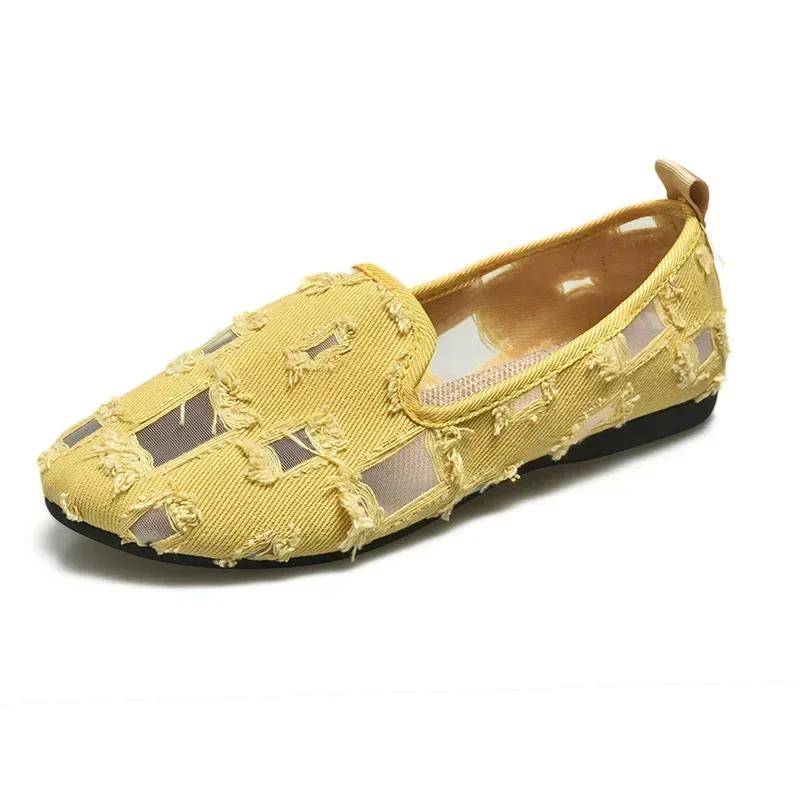 Chaussures en tissu ajouré à fond plat en maille pour femmes, chaussures d'été respirantes de grande taille, chaussures simples décontractées pour femmes