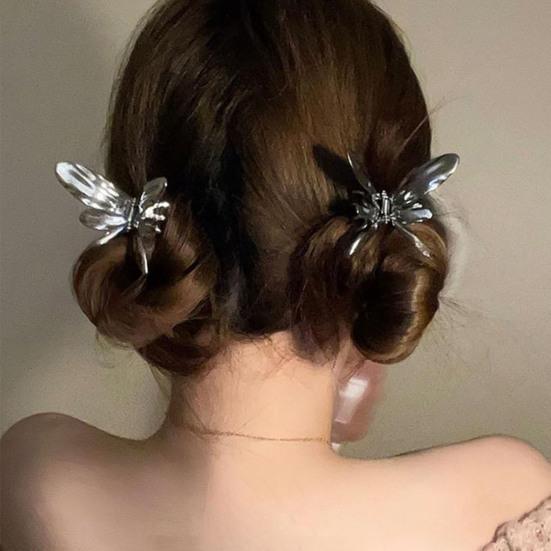 Hairpin Small Compact Metal Hair Clip Silver Color Butterflies Shape Back Head