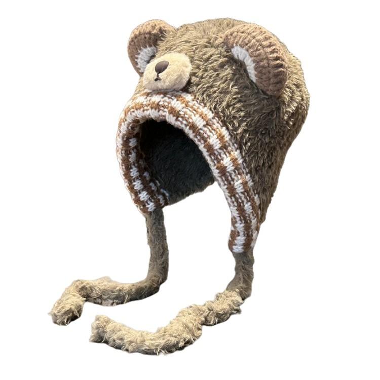 Niedliche Bärenohren Plüschmütze Damen Winter Verdickte Warme Ohrenschützmütze Vielseitige Gesicht zeigende Kleine Gestrickte Lei Feng Mütze