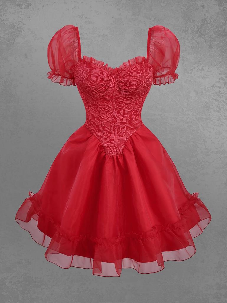 Rosegal Gothic Puff Sleeves Rose Flower Jacquard Organze Layered A Line Dress
